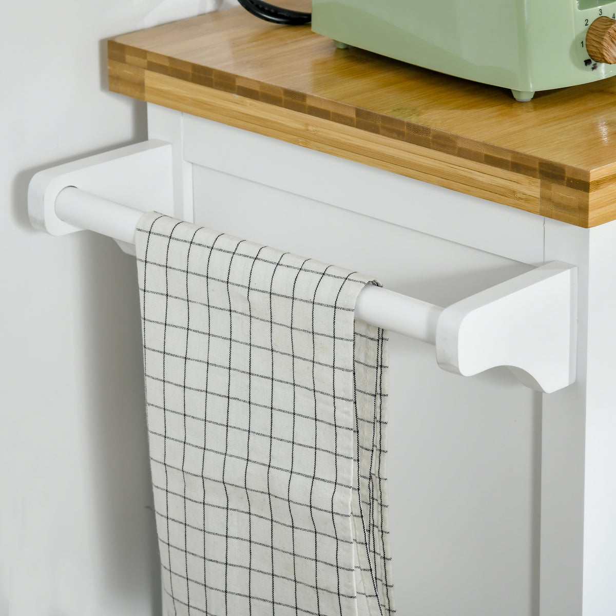 HOMCOM Kitchen Storage Trolley on Wheels with Bamboo Worktop, Rolling Kitchen Island Cart with Drawer and Towel Rack for Dining Room, White