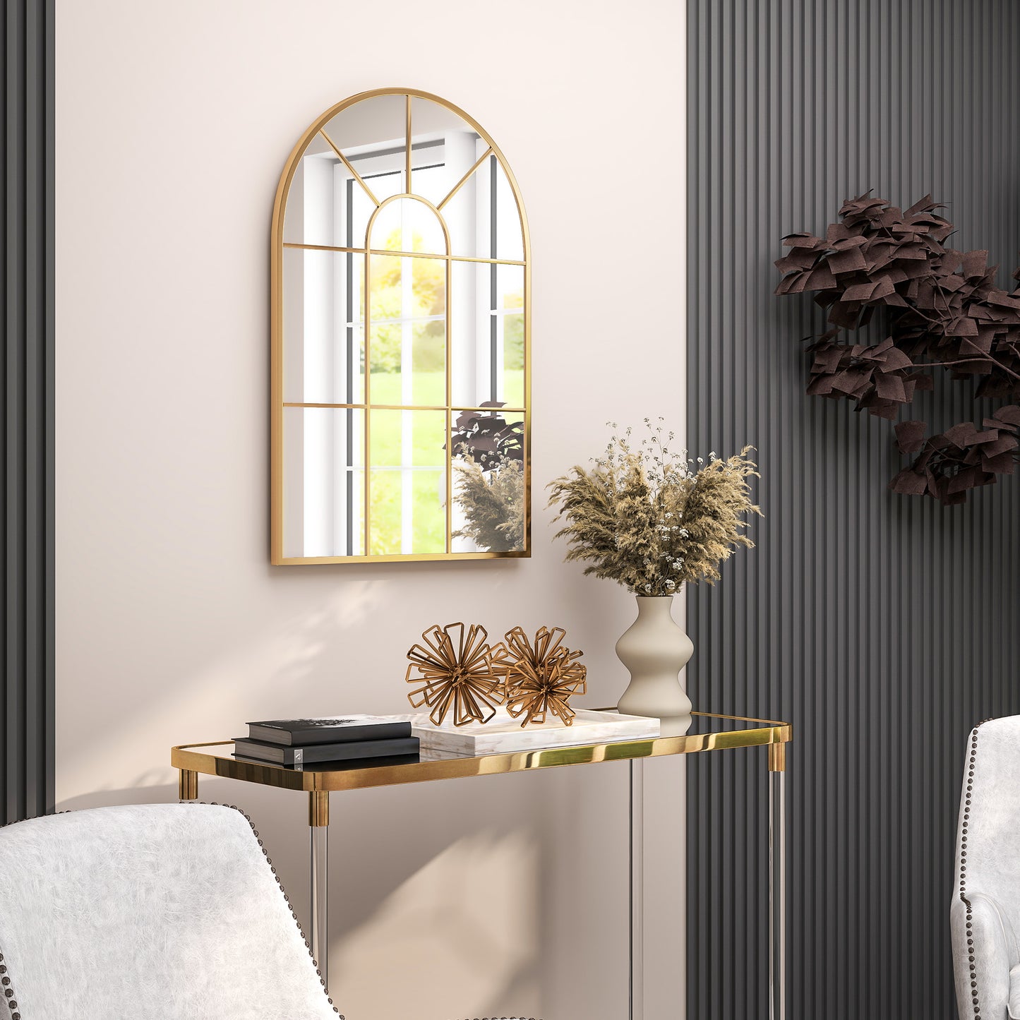 HOMCOM 90 X 61cm Arched Grid Mirror - Gold Tone