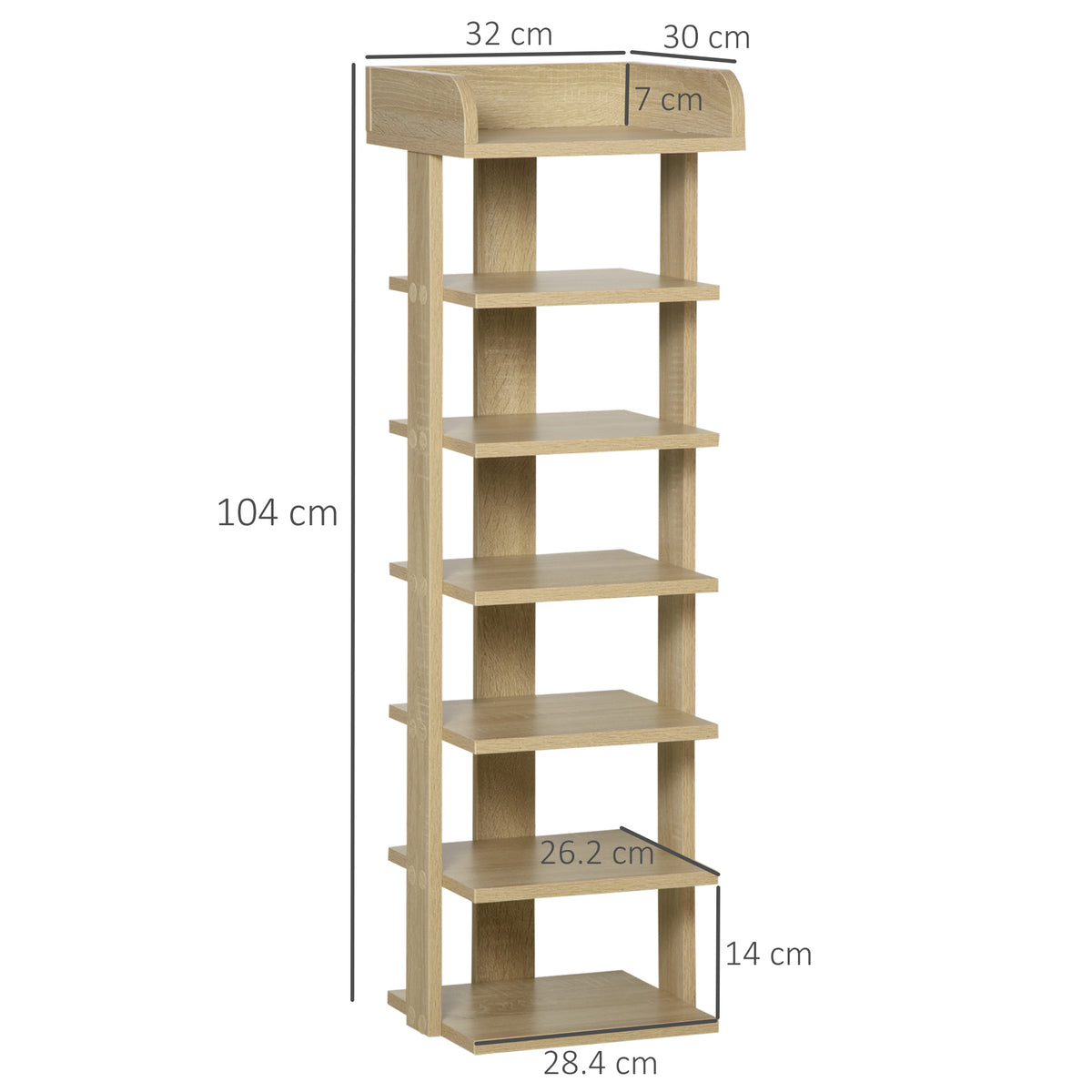 Oak shoe rack with six shelves and raised top, shown with dimensions