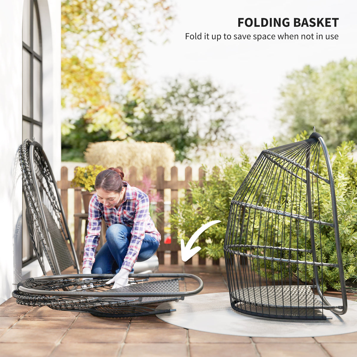 Foldable dark gray egg chair basket shown open and collapsed for storage
