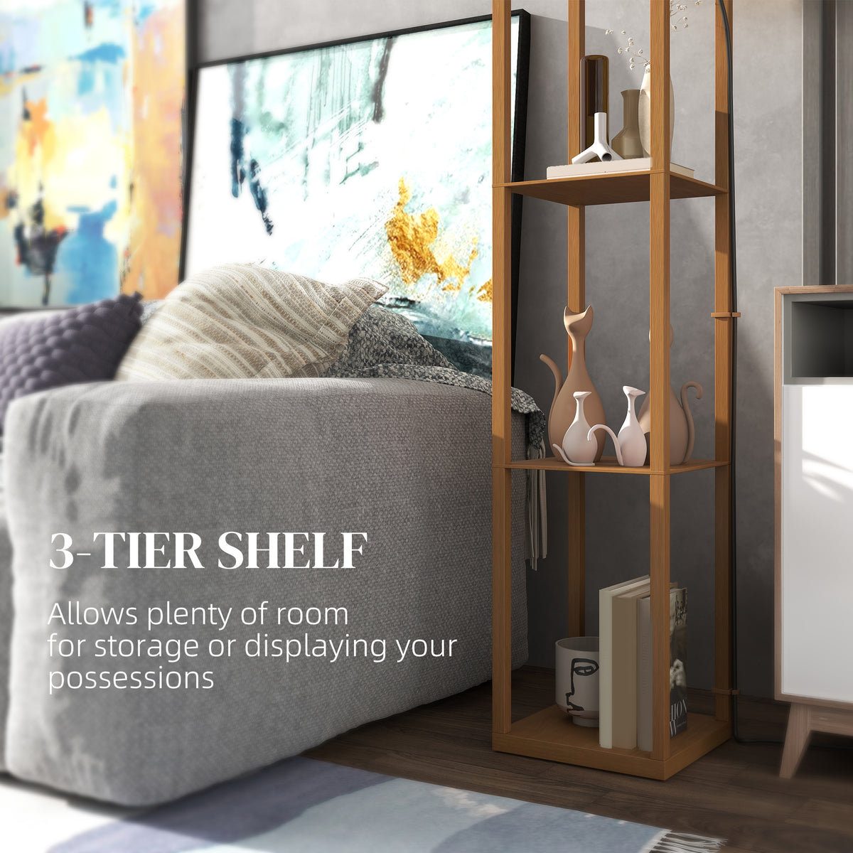 HOMCOM natural wood standing lamp with three open display shelves and a patterned shade