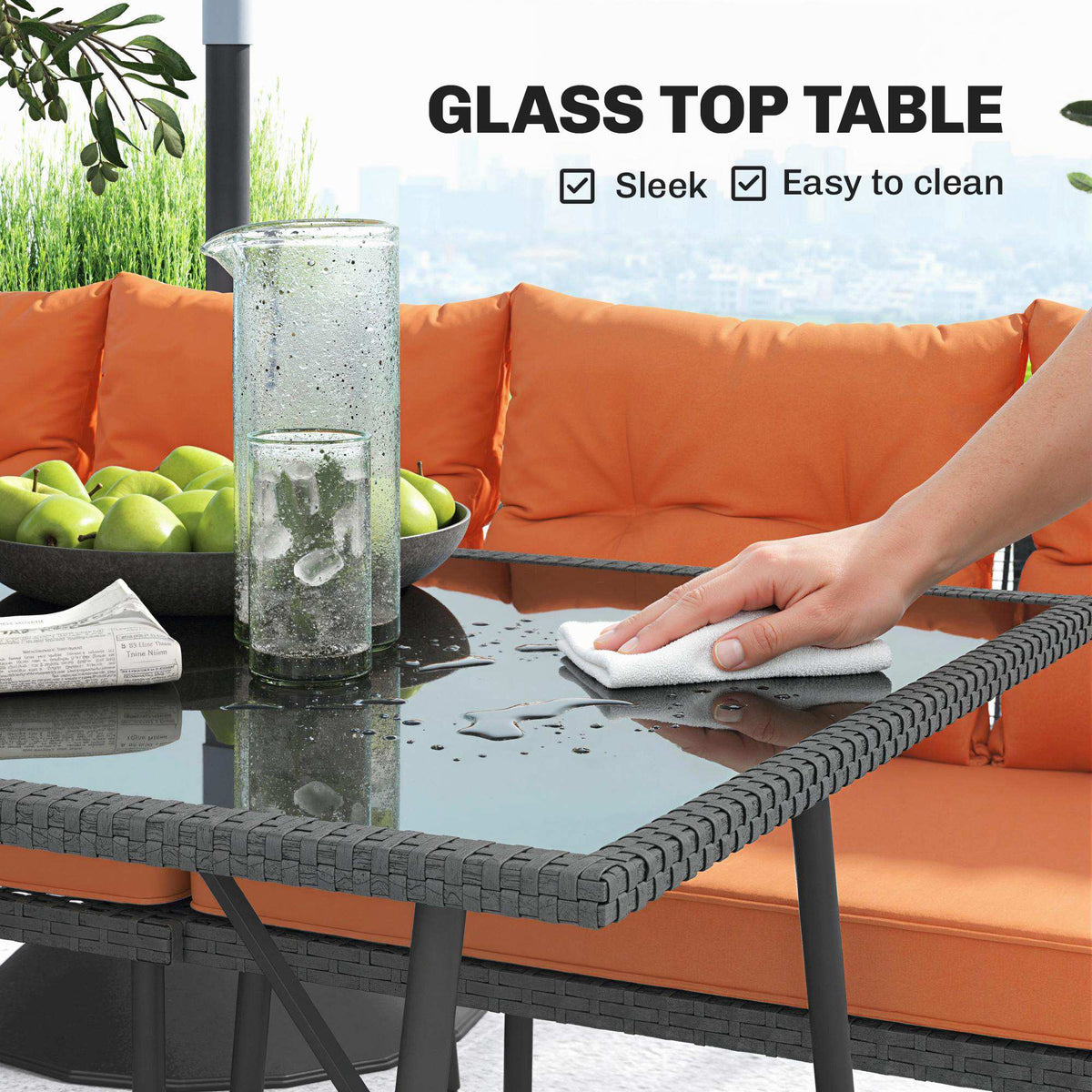 Outsunny 6 Piece Rattan Garden Furniture Set, 8 Seater Garden Corner Sofa with Cushions and Glass Top Table, Orange