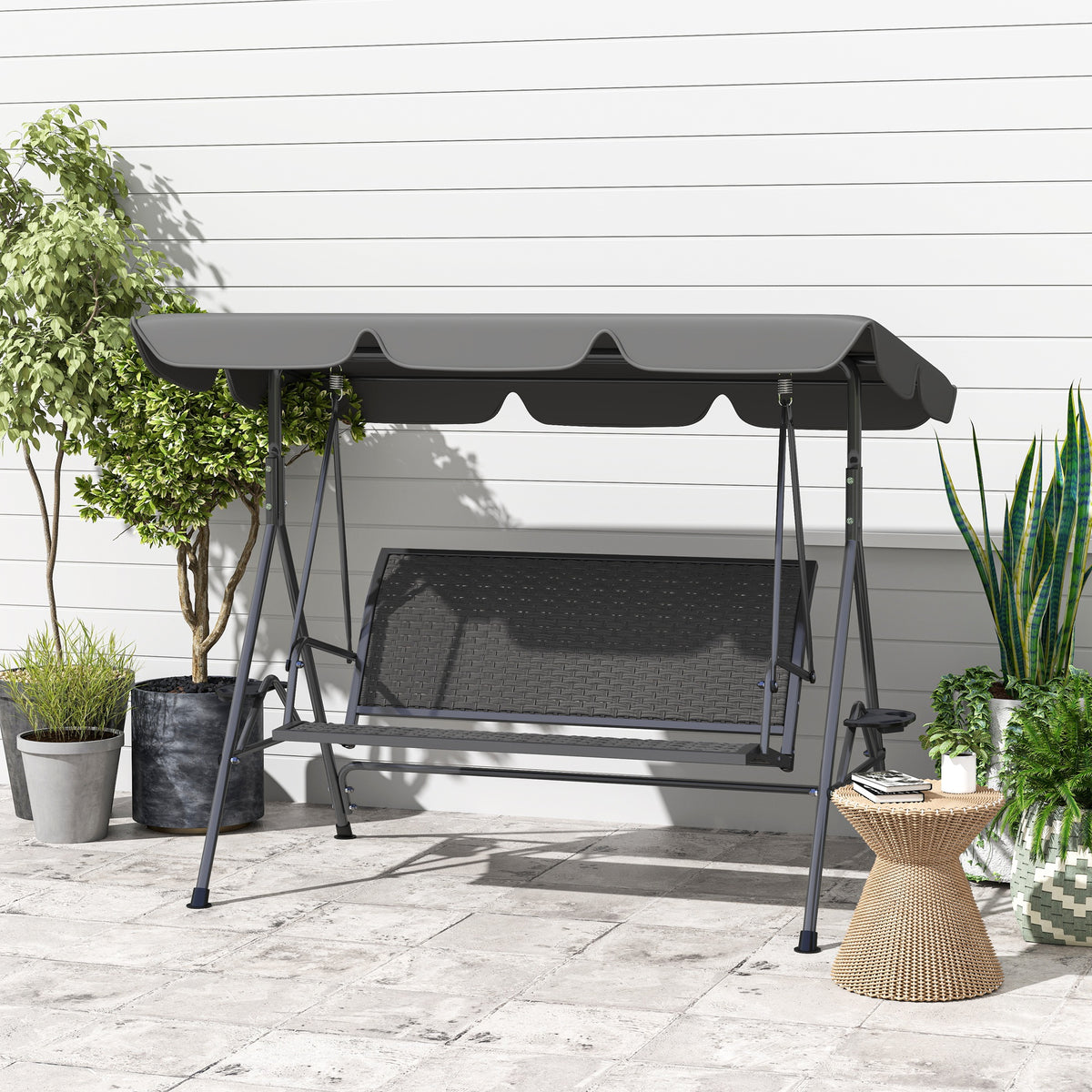 Outsunny three-seat swing chair with dark gray canopy and woven bench seat