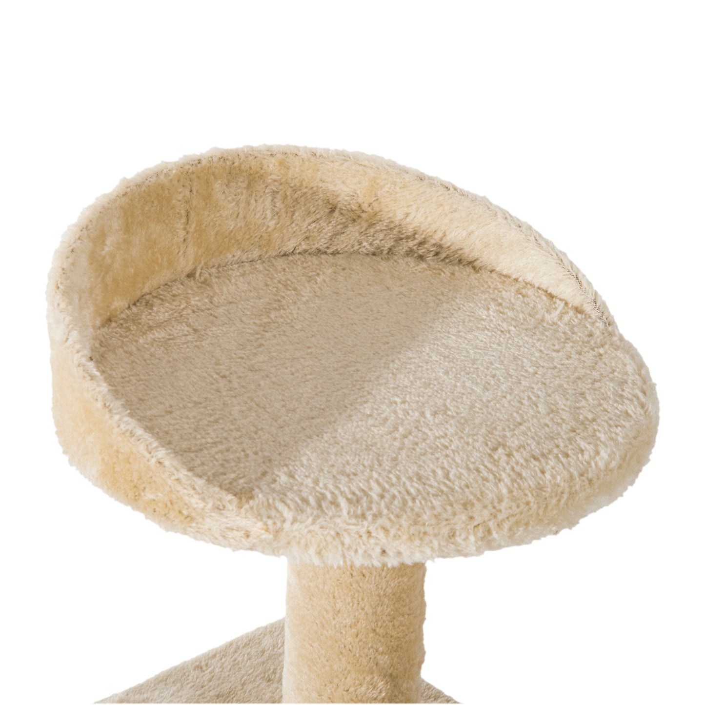 Close-up of the beige plush cat tree top perch with raised cushioned sides