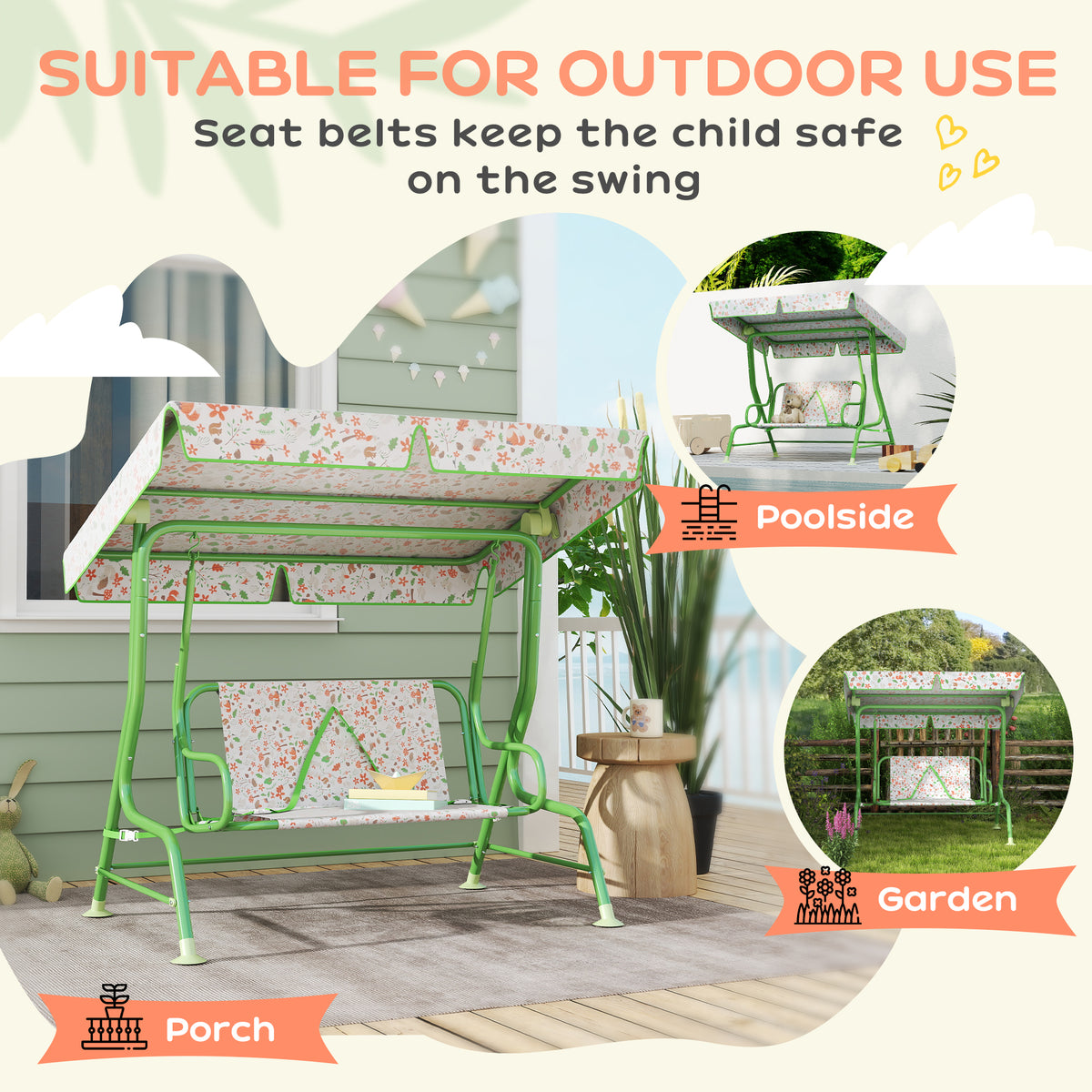 AIYAPLAY Kids Garden Swing Chair with Adjustable Canopy, Safety Belt, 2 Seater Hammock Swing Bench for Patio, Porch, Green