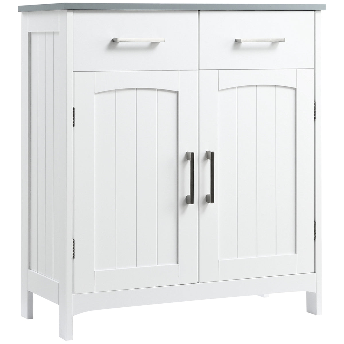 Freestanding white bathroom cabinet with two drawers and double doors