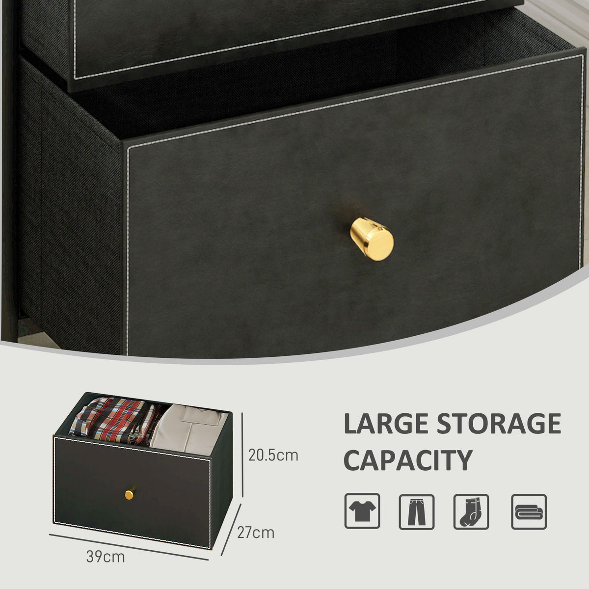 Open black faux leather drawer with gold-tone knob and spacious interior