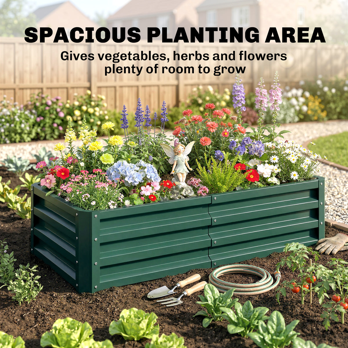 Wide green raised planter filled with flowers, shown in a garden