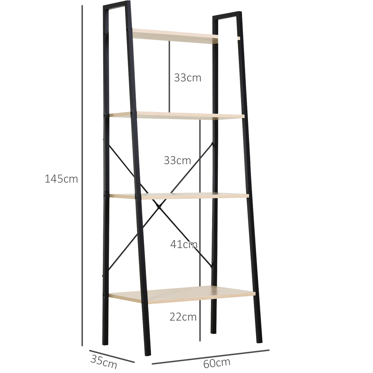 HOMCOM ladder bookshelf with four oak-tone shelves, black frame, and dimension labels