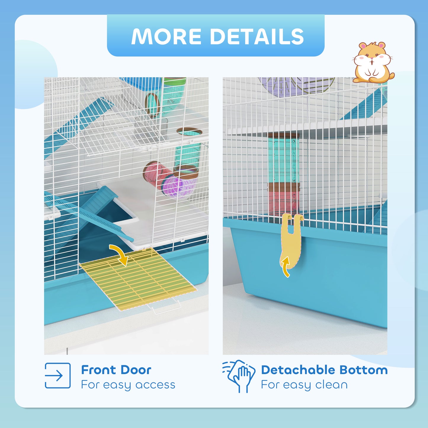 PawHut hamster cage details showing front access door and detachable bottom