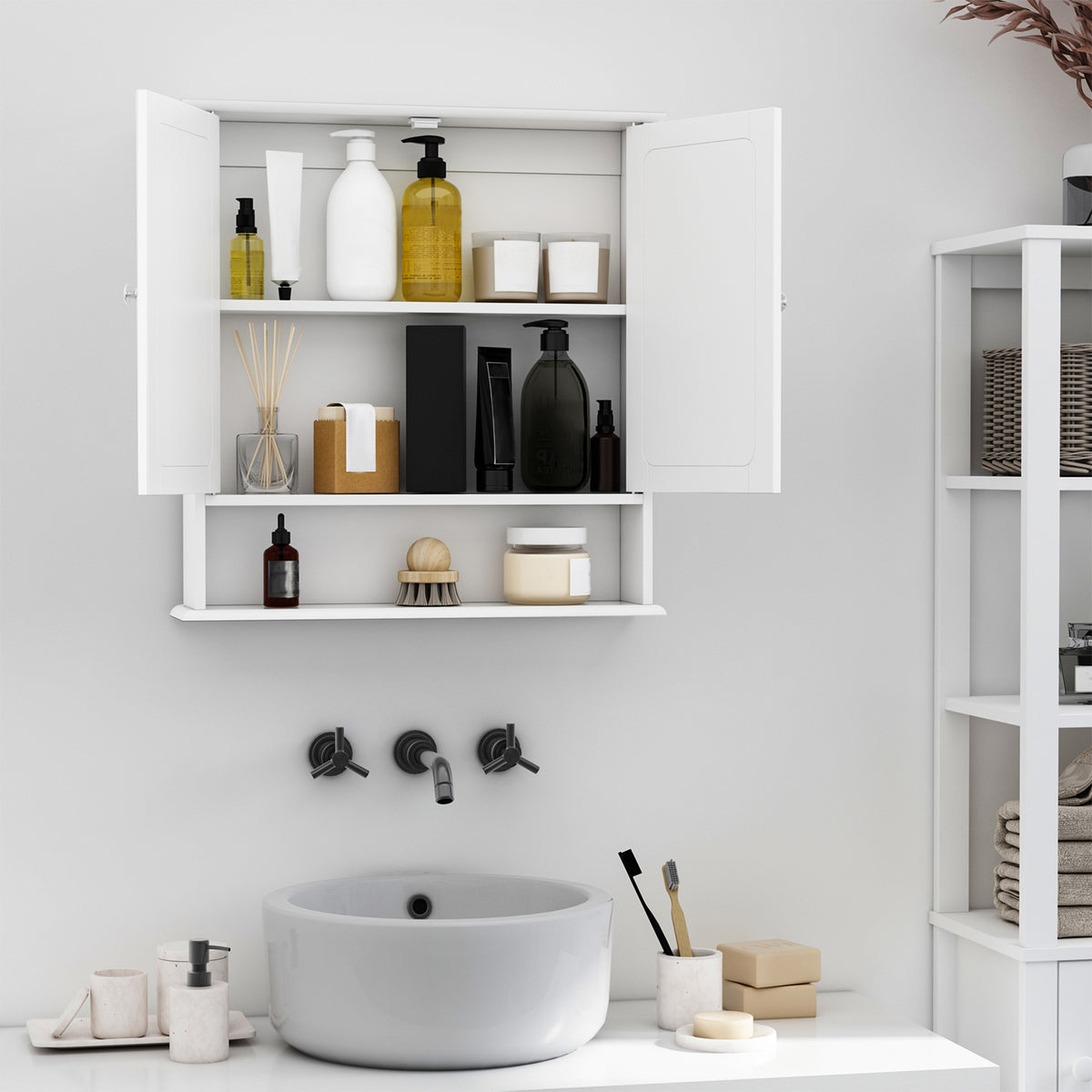 White wall-mounted bathroom cabinet with open doors, shelves and toiletries stored inside