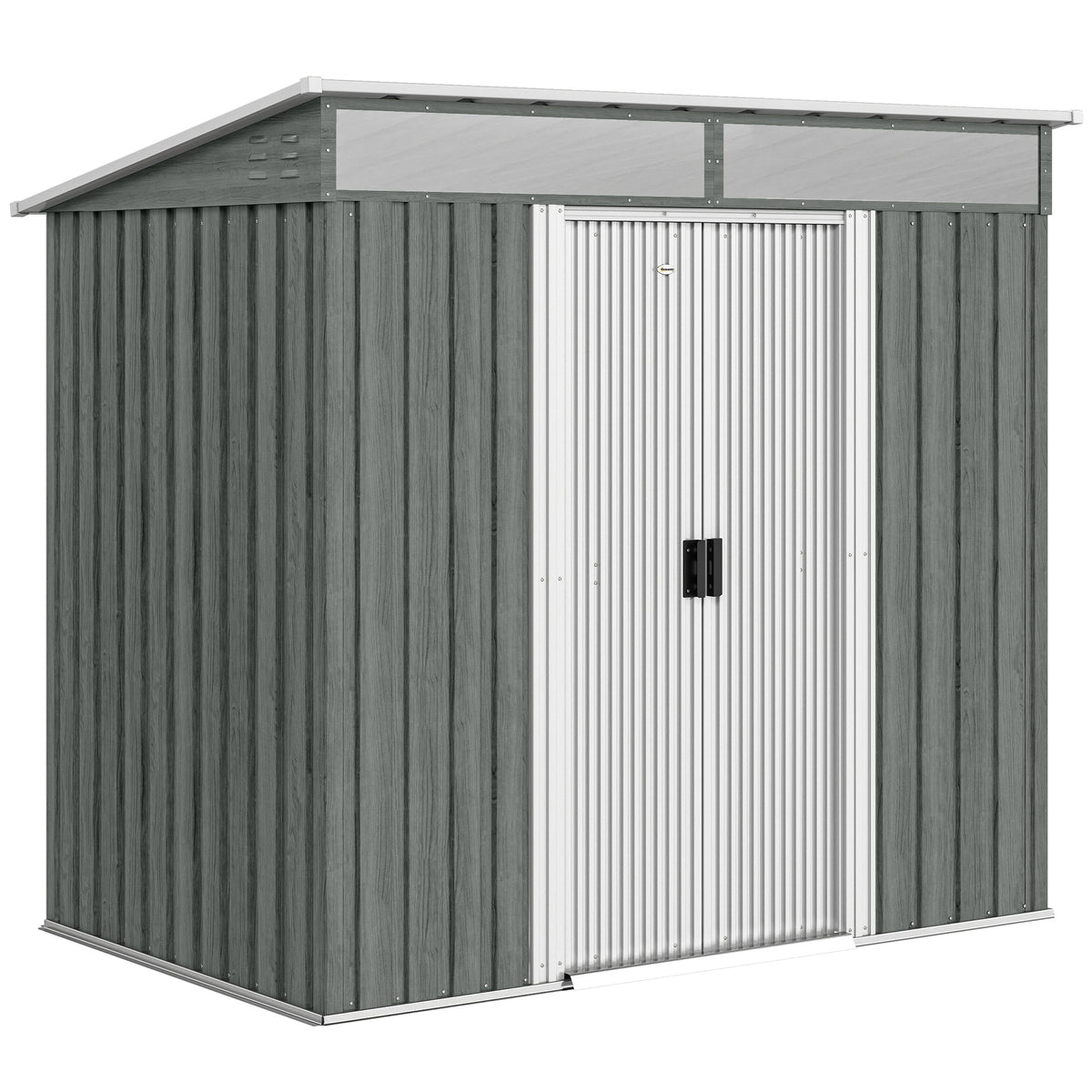Outsunny light grey wood-effect metal garden shed with a pitched roof and double sliding doors