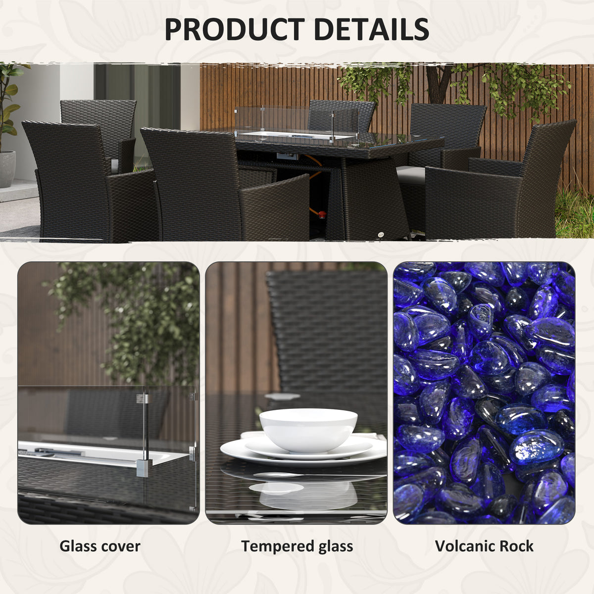 Black rattan dining set with glass windscreen, tempered glass tabletop, and volcanic rocks