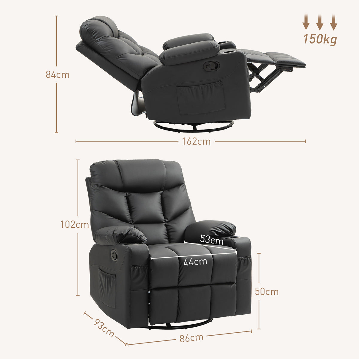 Black HOMCOM recliner shown upright and fully reclined with dimensions