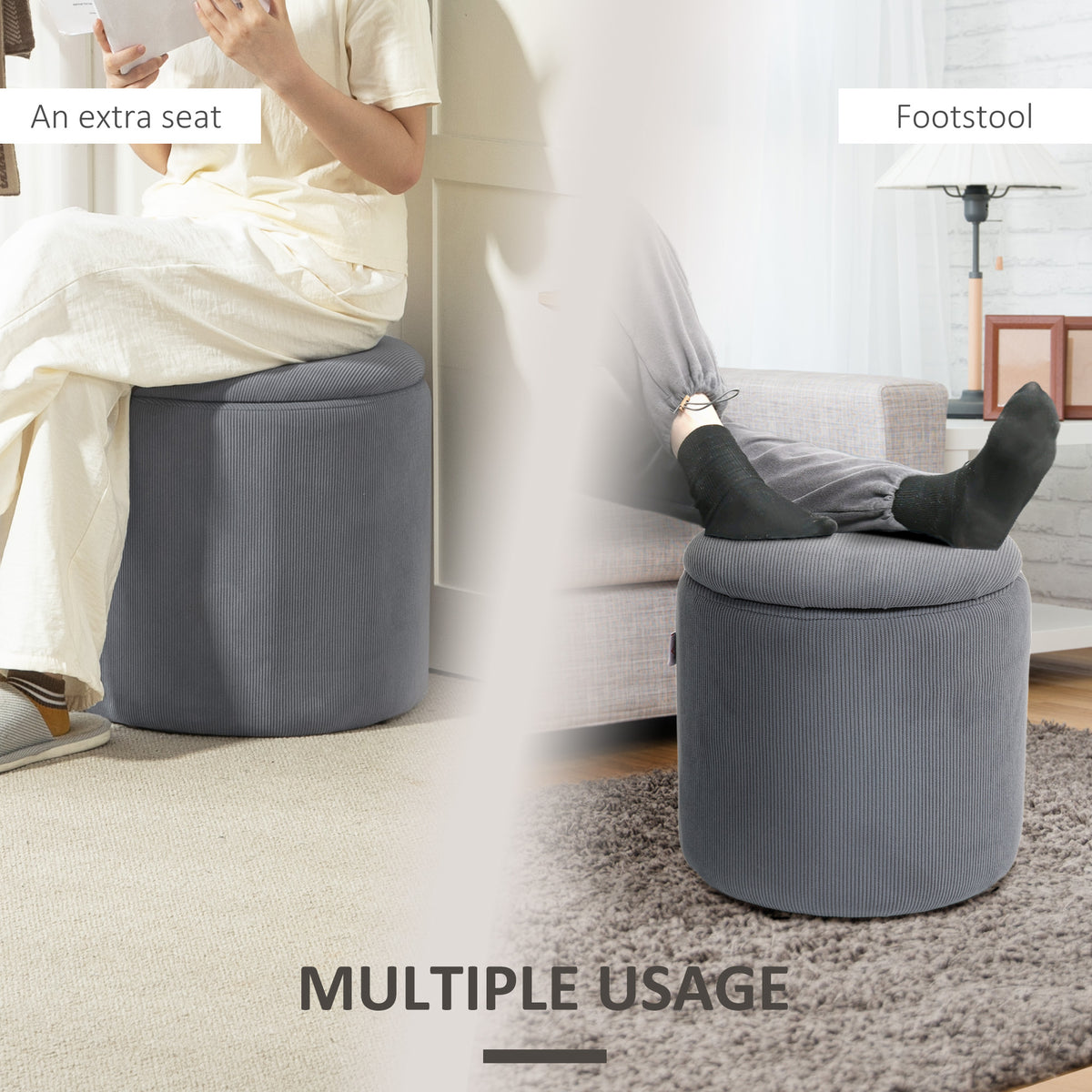 Grey corduroy storage ottoman shown as a seat and footstool