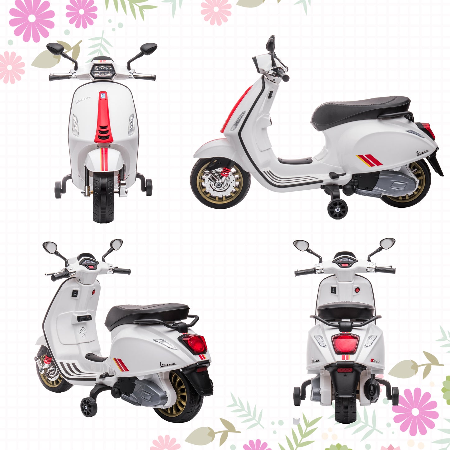 AIYAPLAY 12V Vespa Licensed Kids Electric Motorbike w/ Music, Lights, FM Radio, for 3-6 Years - White