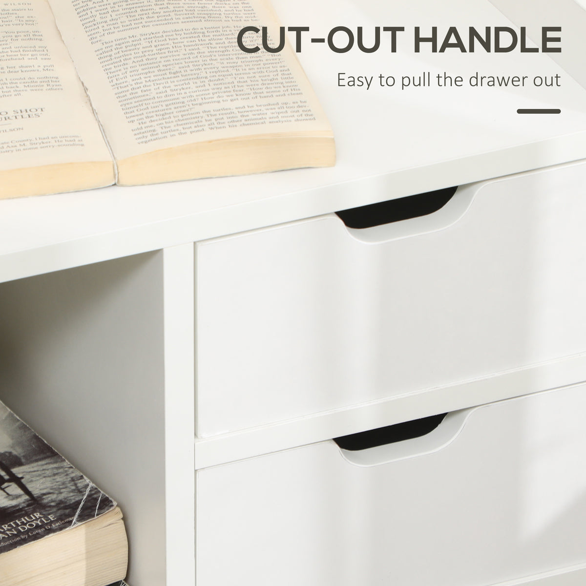 Close-up of two white nightstand drawers with cut-out handles