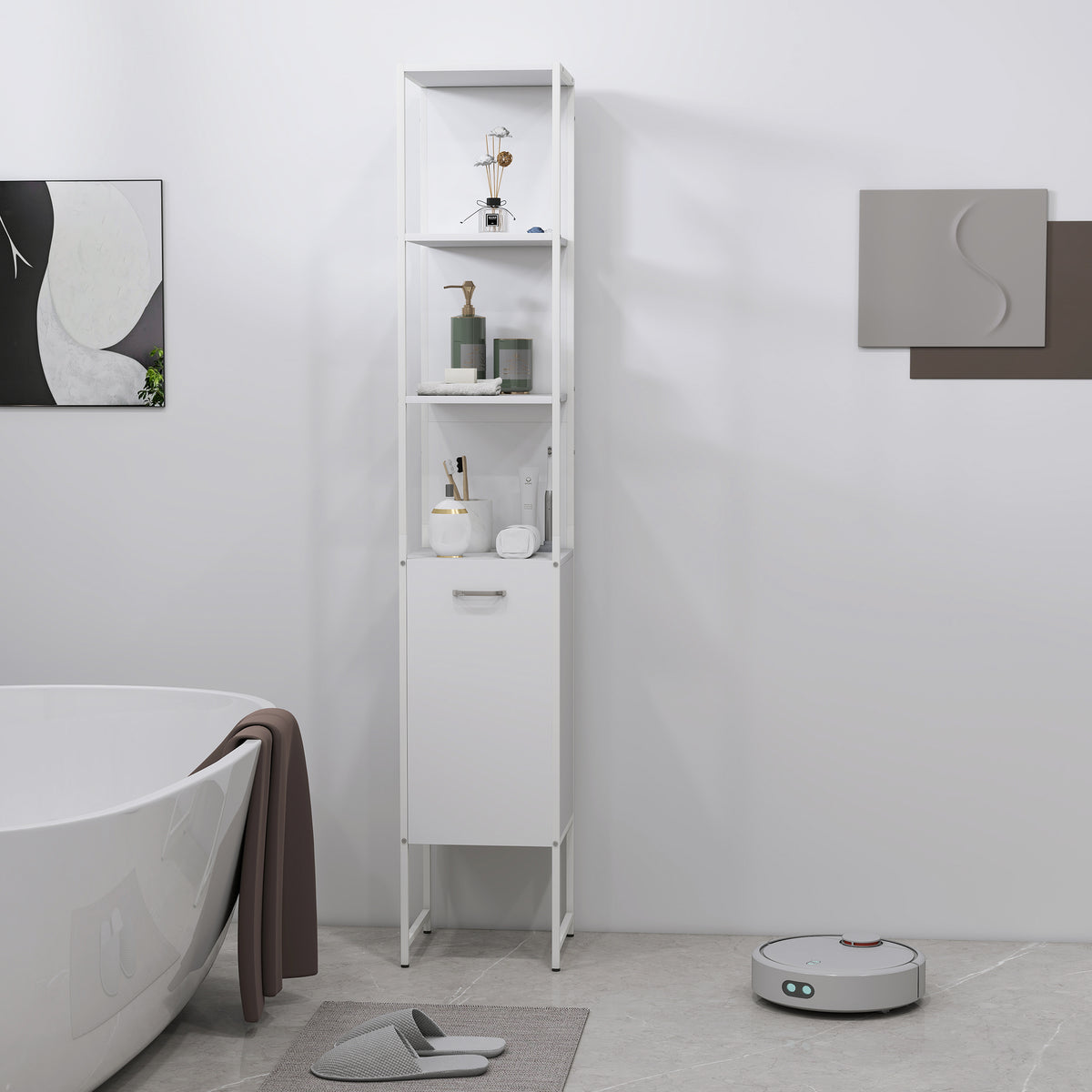 HOMCOM Tall Bathroom Cabinet with Open Shelves and Adjustable Shelf - White