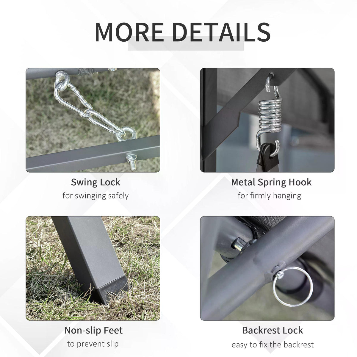 Outsunny swing chair hardware details: safety lock, spring hook, nonslip feet and backrest lock