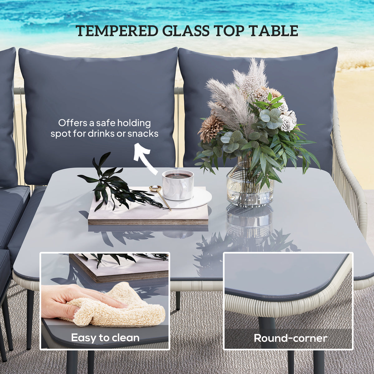 Garden sofa set with rounded tempered glass table top and easy-clean surface