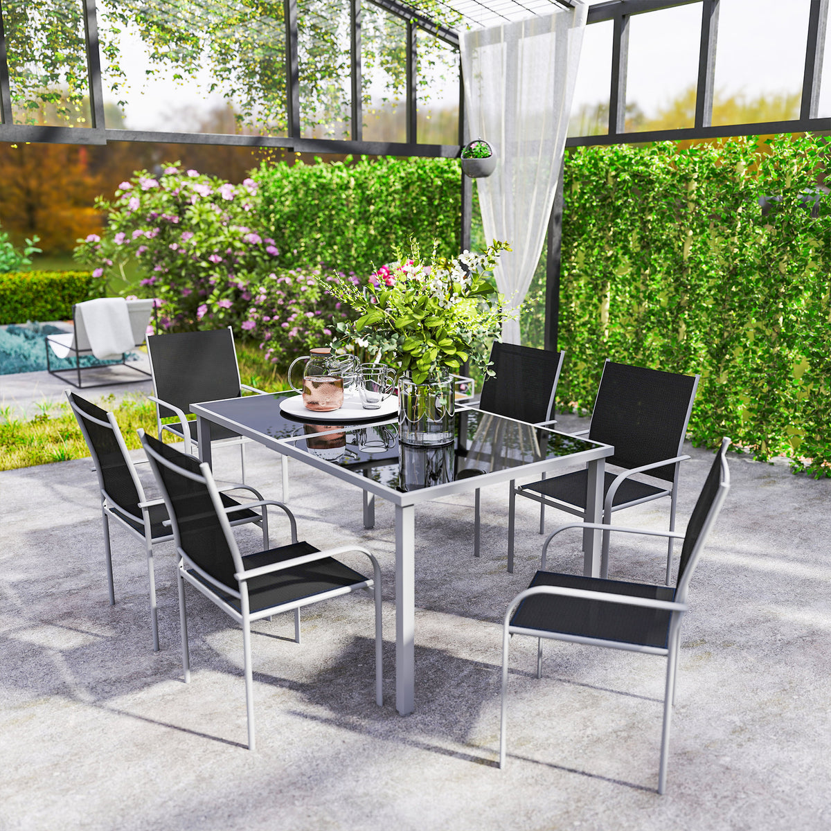 Outsunny 7 Piece Outdoor Garden Dining Set with Table and 6 Stackable Chairs, Steel Frame, Tempered Glass Top, Mesh Seats, Black