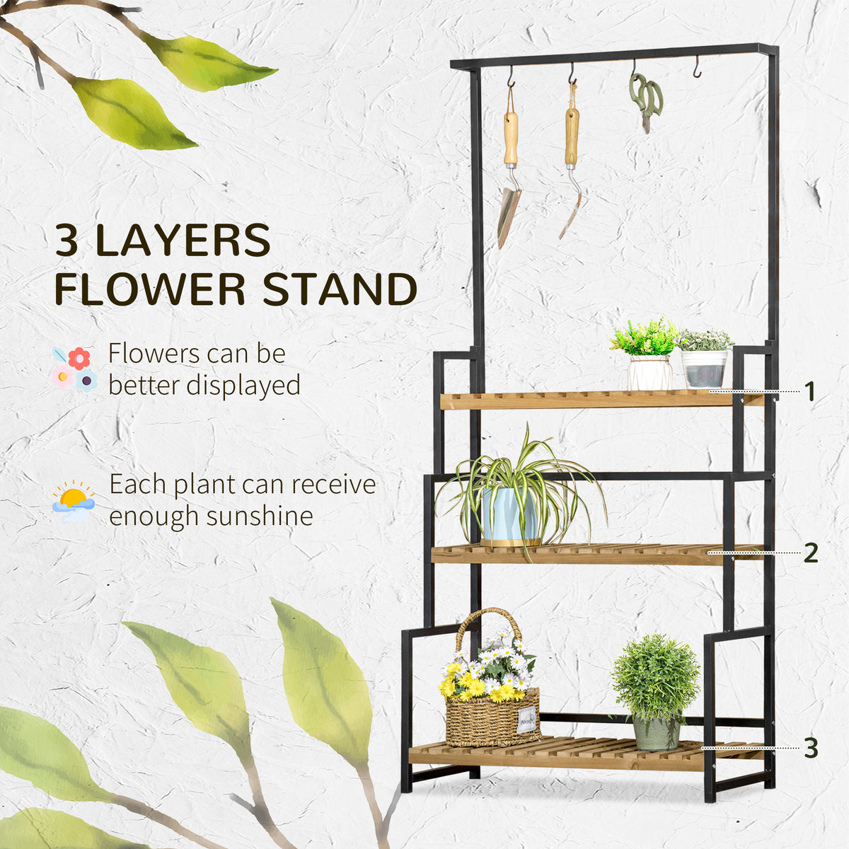 Three-tier flower stand with hanging hooks and slatted wood shelves