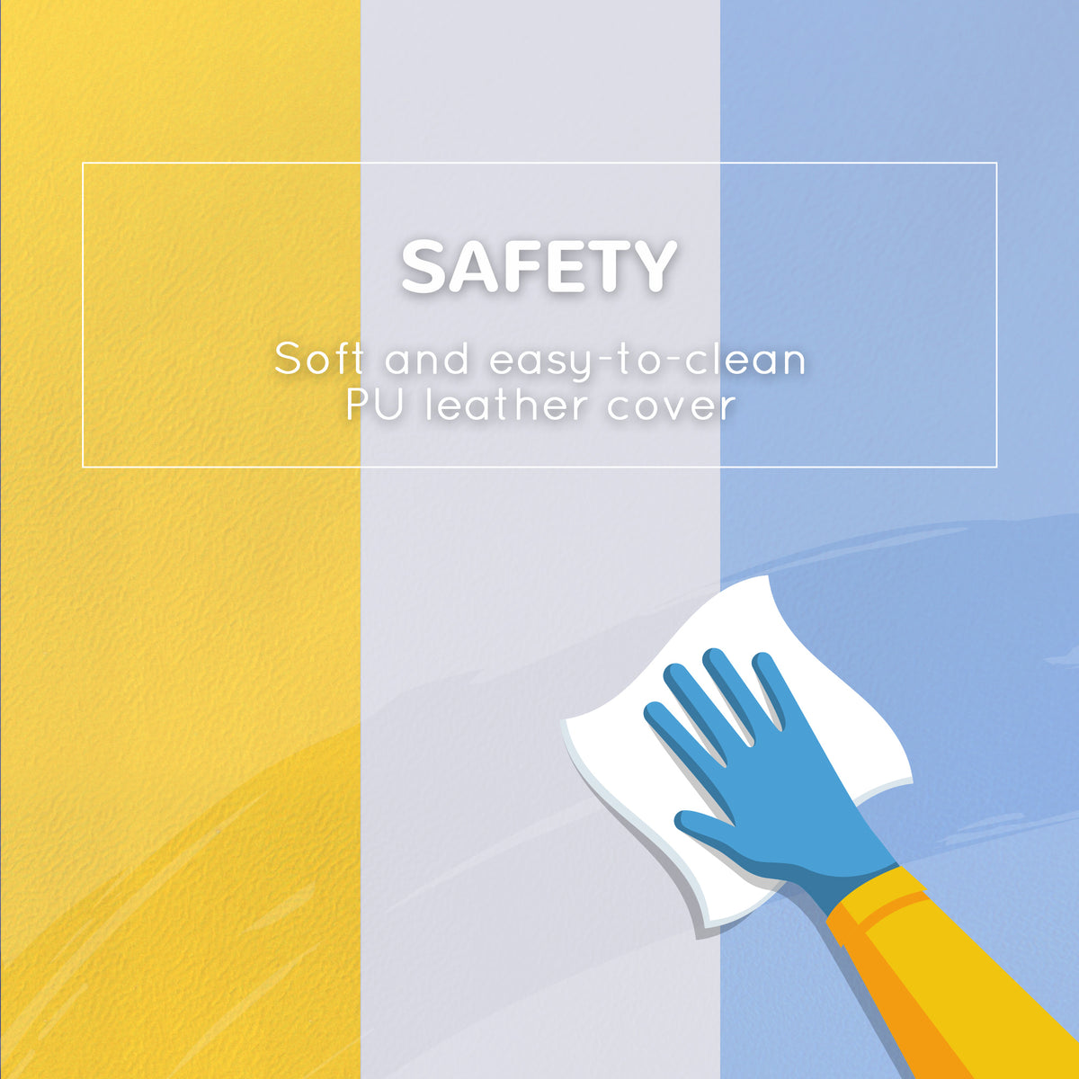 Close-up of yellow, gray, and blue PU leather play set covers being wiped clean