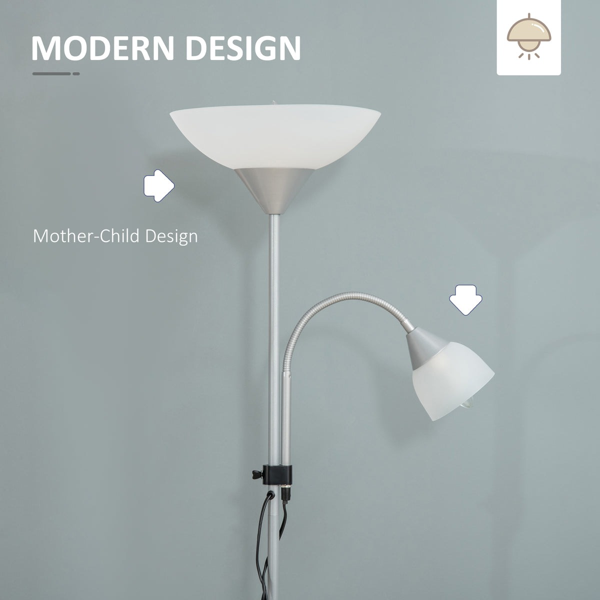Close view of silver-tone floor lamp with bowl uplighter and flexible gooseneck reading shade