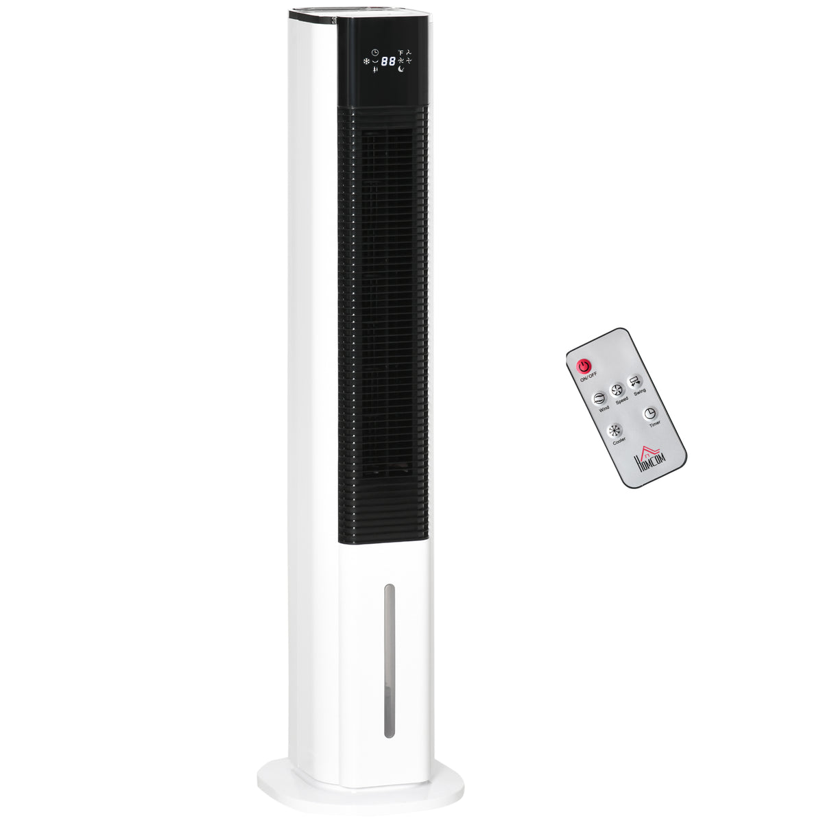 White HOMCOM tower air cooler with black front vent and a remote control.