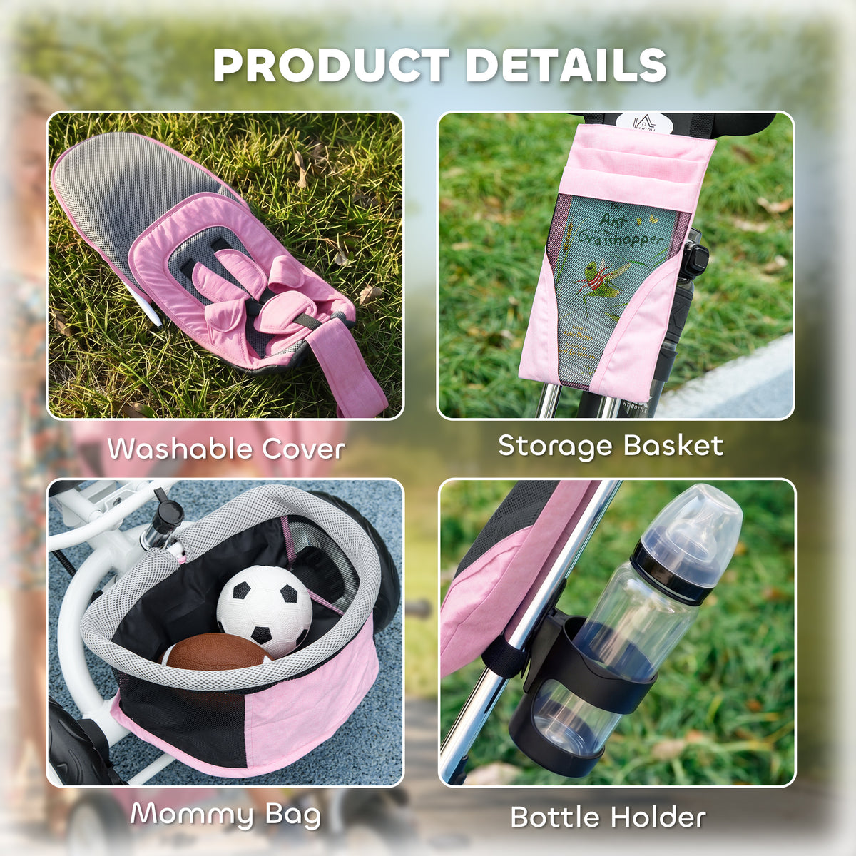 HOMCOM 6 in 1 Kids Trike with Parent Handle, Canopy, 5-point Seat Belt, Storage, Footrest, Brake, for 1-5 Years, Pink