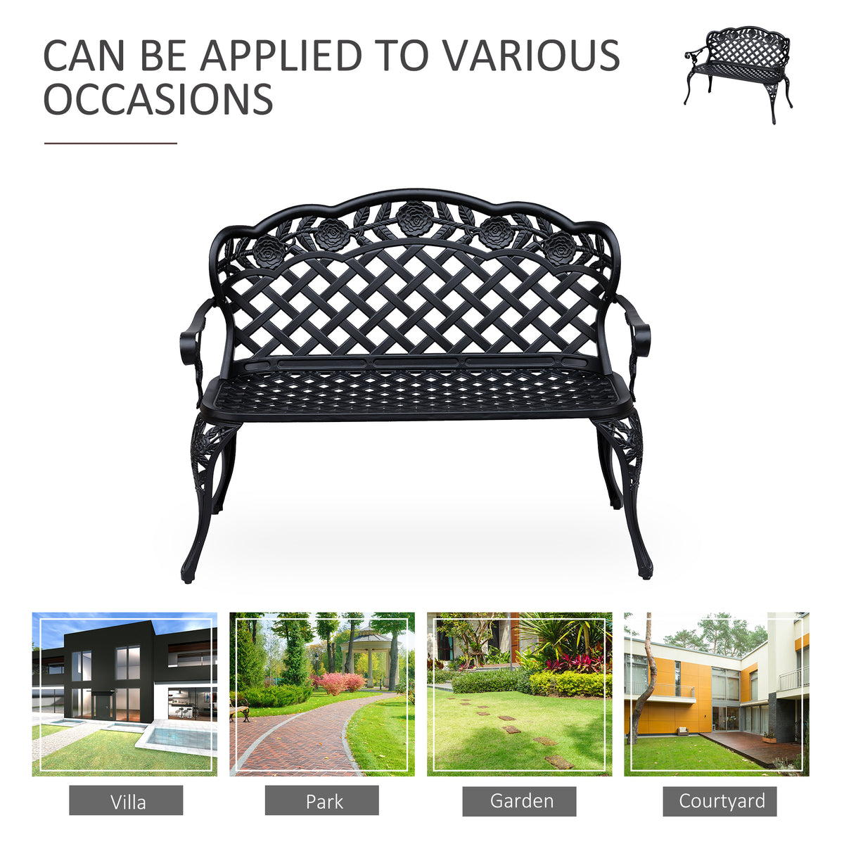 Front view of a black lattice garden bench with curved arms and floral back details