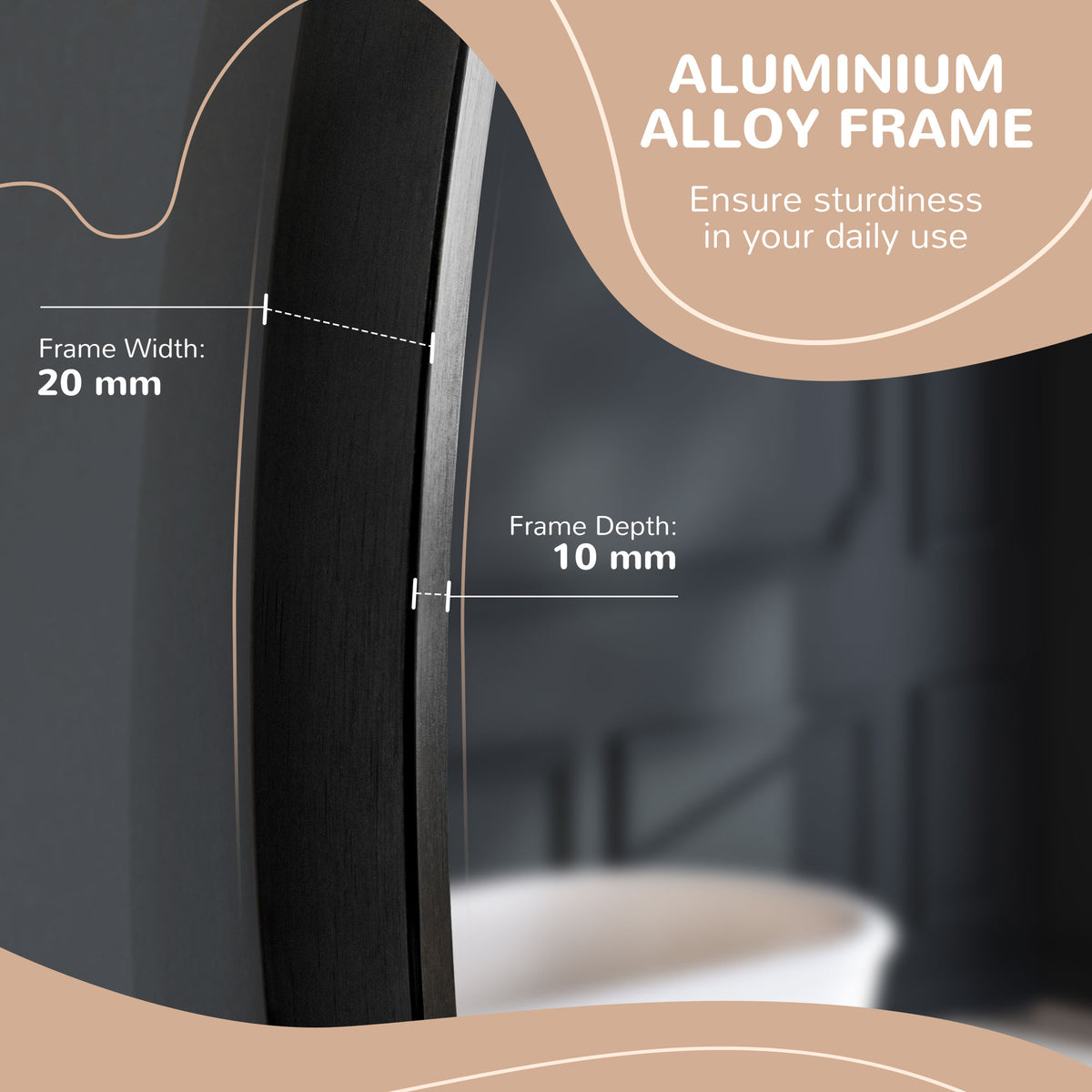 Close-up of the black aluminum mirror frame, 20 mm wide and 10 mm deep.