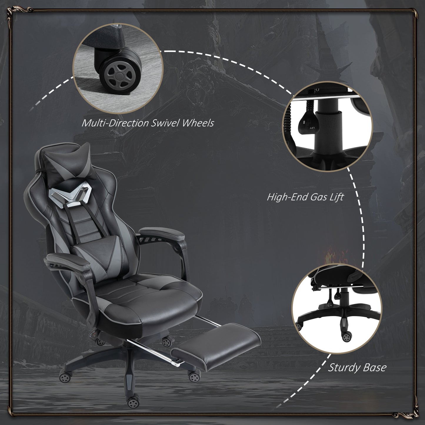 Vinsetto gaming chair with swivel wheels, gas lift, sturdy base and extended footrest