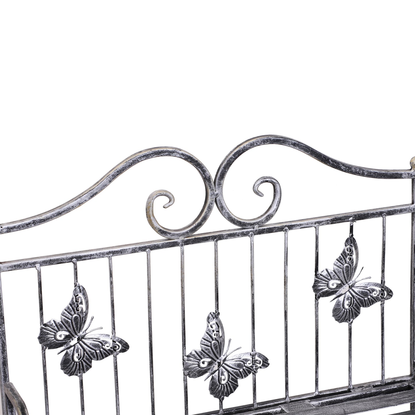 Outsunny plant stand close-up of butterfly ornaments and scrollwork along the top