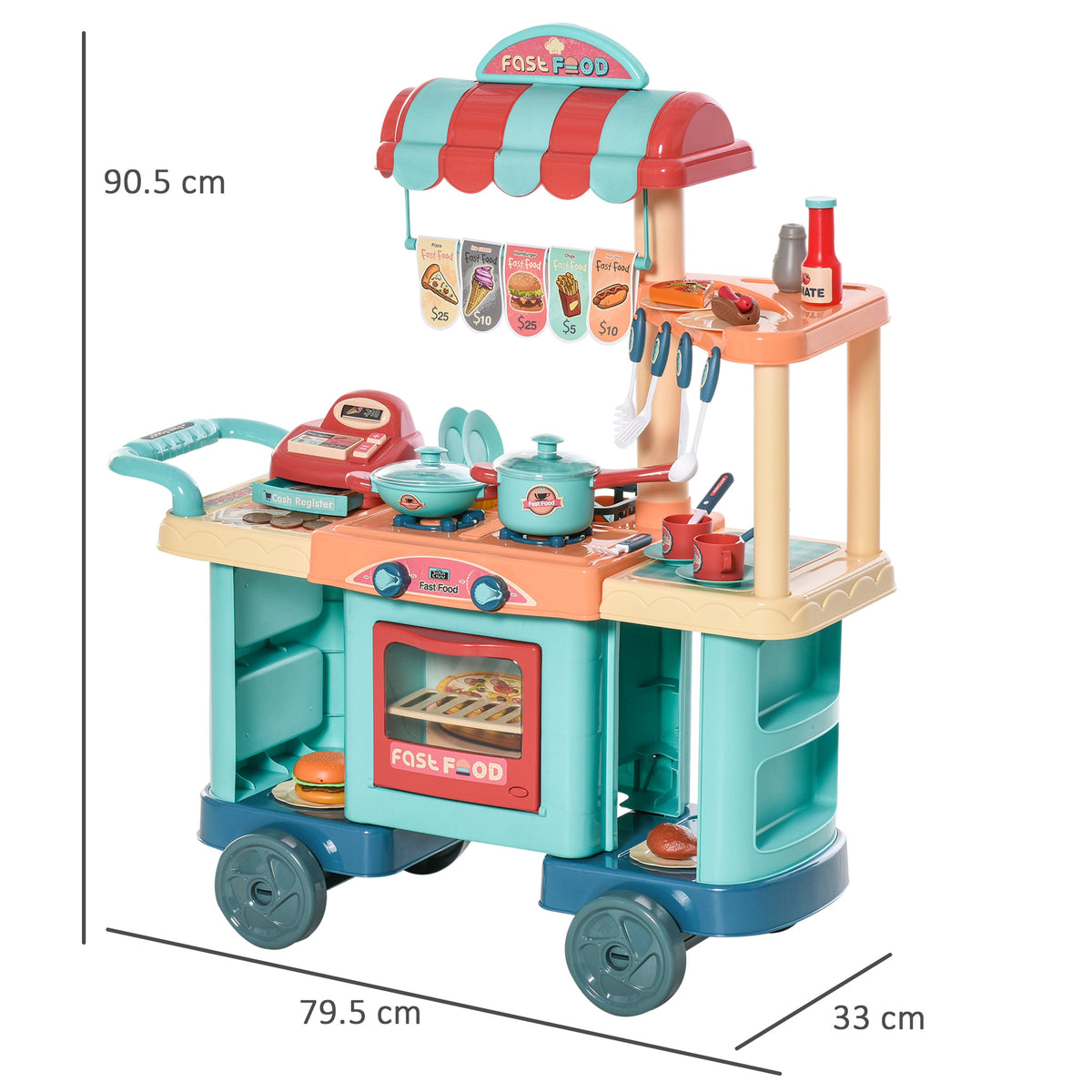 Kids' fast-food trolley playset with striped canopy, toy kitchen, oven and wheels; 90.5 cm tall