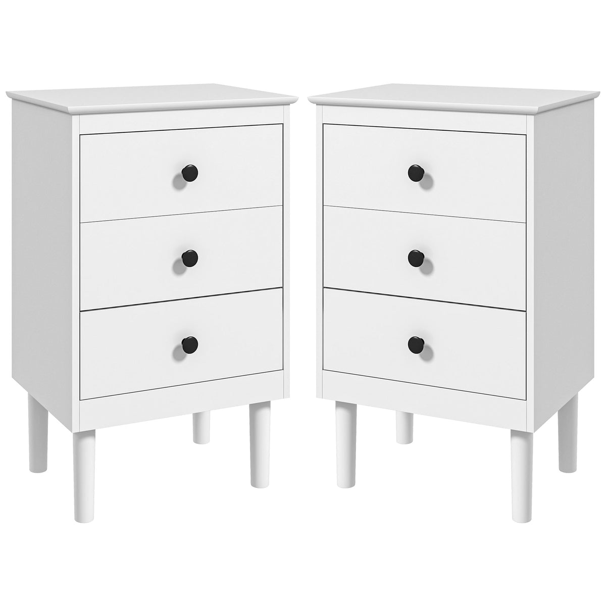 Pair of white three-drawer bedside tables with black knobs and tapered legs