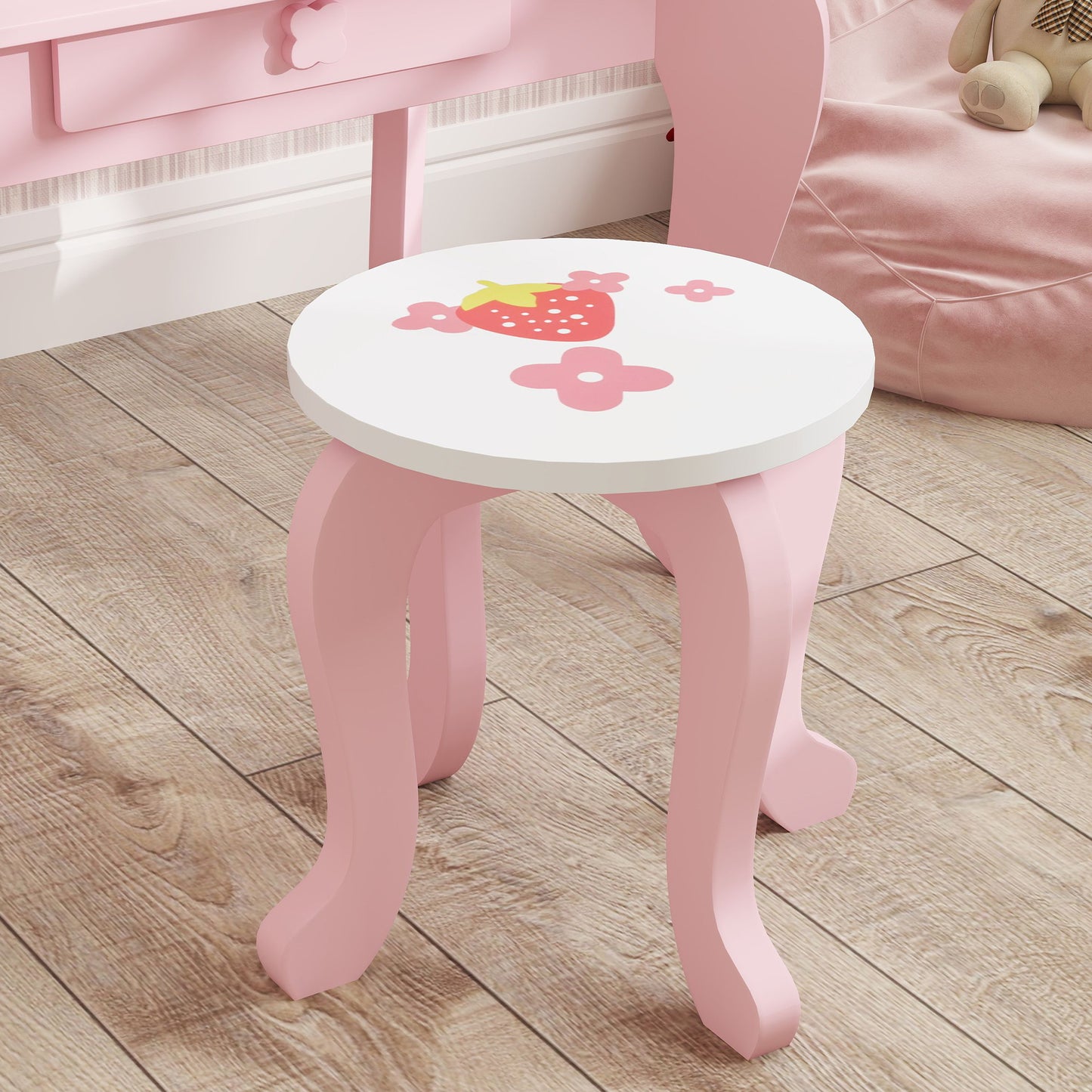 AIYAPLAY Kids Dressing Table Set, Vanity Table with Stool, Mirror, Drawer, Desktop, Storage, Strawberry-Theme, Pink
