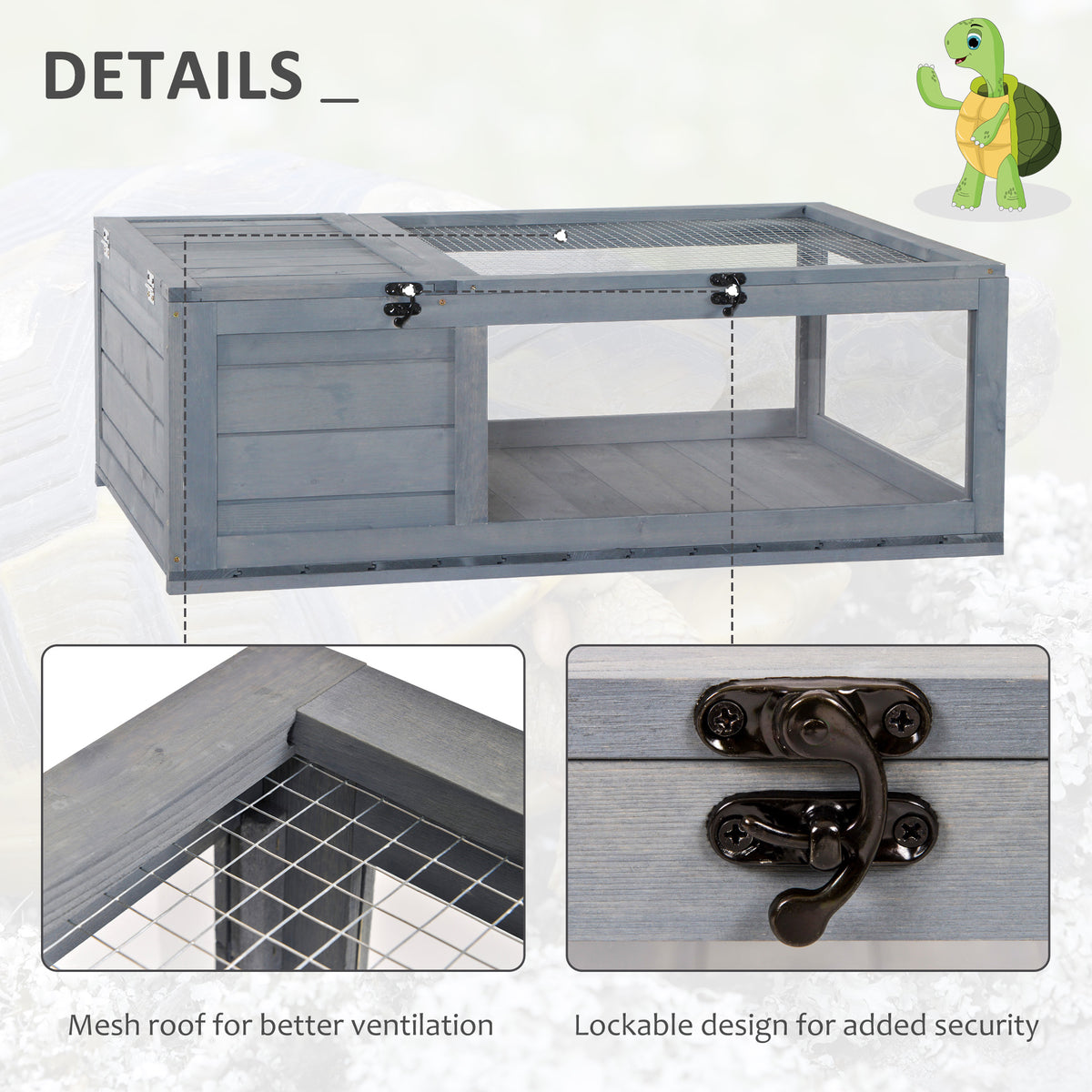 PawHut tortoise house showing mesh roof and black locking latch