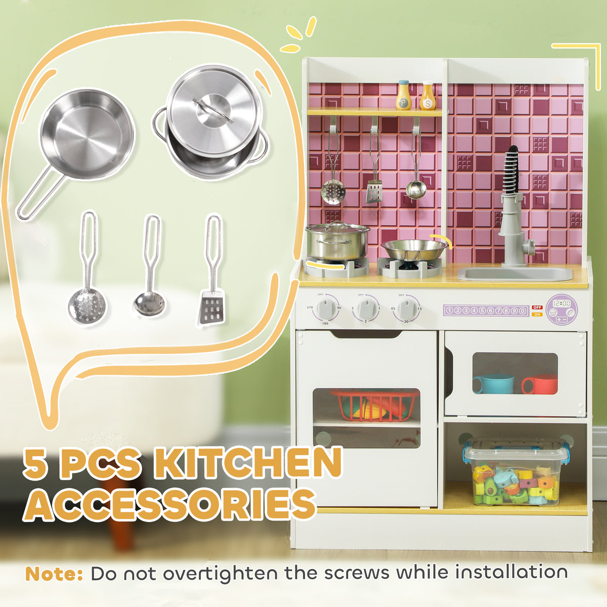 AIYAPLAY Kids Play Kitchen, Pretend Play Kitchen with Realistic Oven, Stove, Sink, Kitchen, Accessories, White
