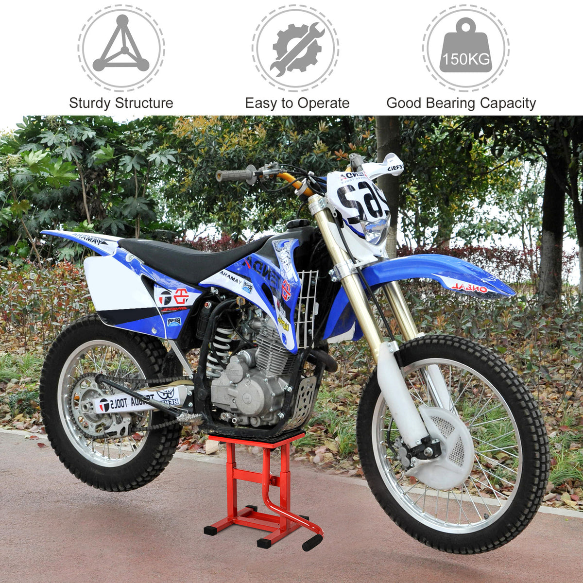 Red motorbike lift supporting a blue dirt bike; rated capacity shown as 150 kg.