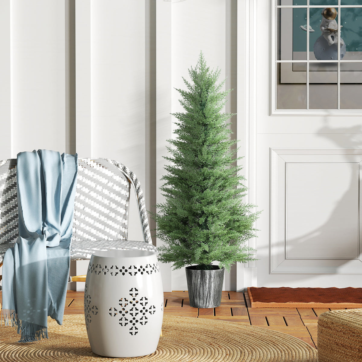 HOMCOM 135cm Artificial Cypress Trees Set of 2, UV Resistant Artificial Plants with Decorative Pot, Fake Plants for Indoor Outdoor Decor, Green