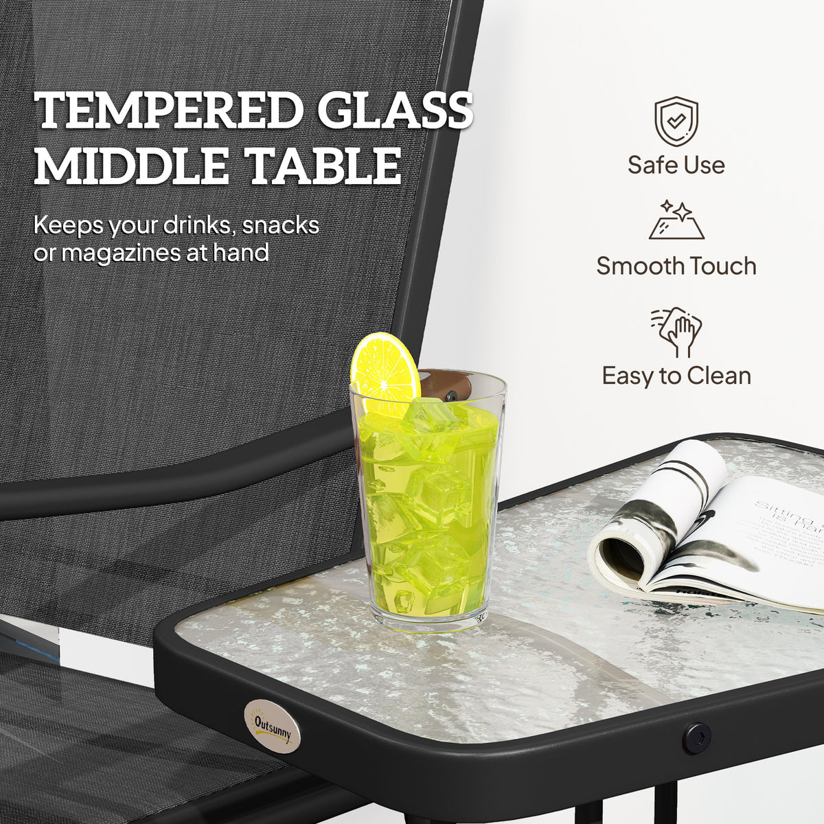 Black-framed tempered glass middle table beside a gliding chair