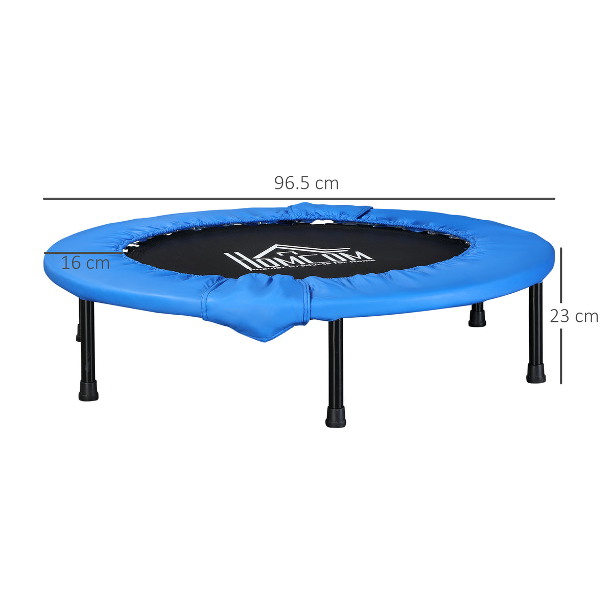 HOMCOM blue and black mini fitness trampoline with safety pad and dimension markings