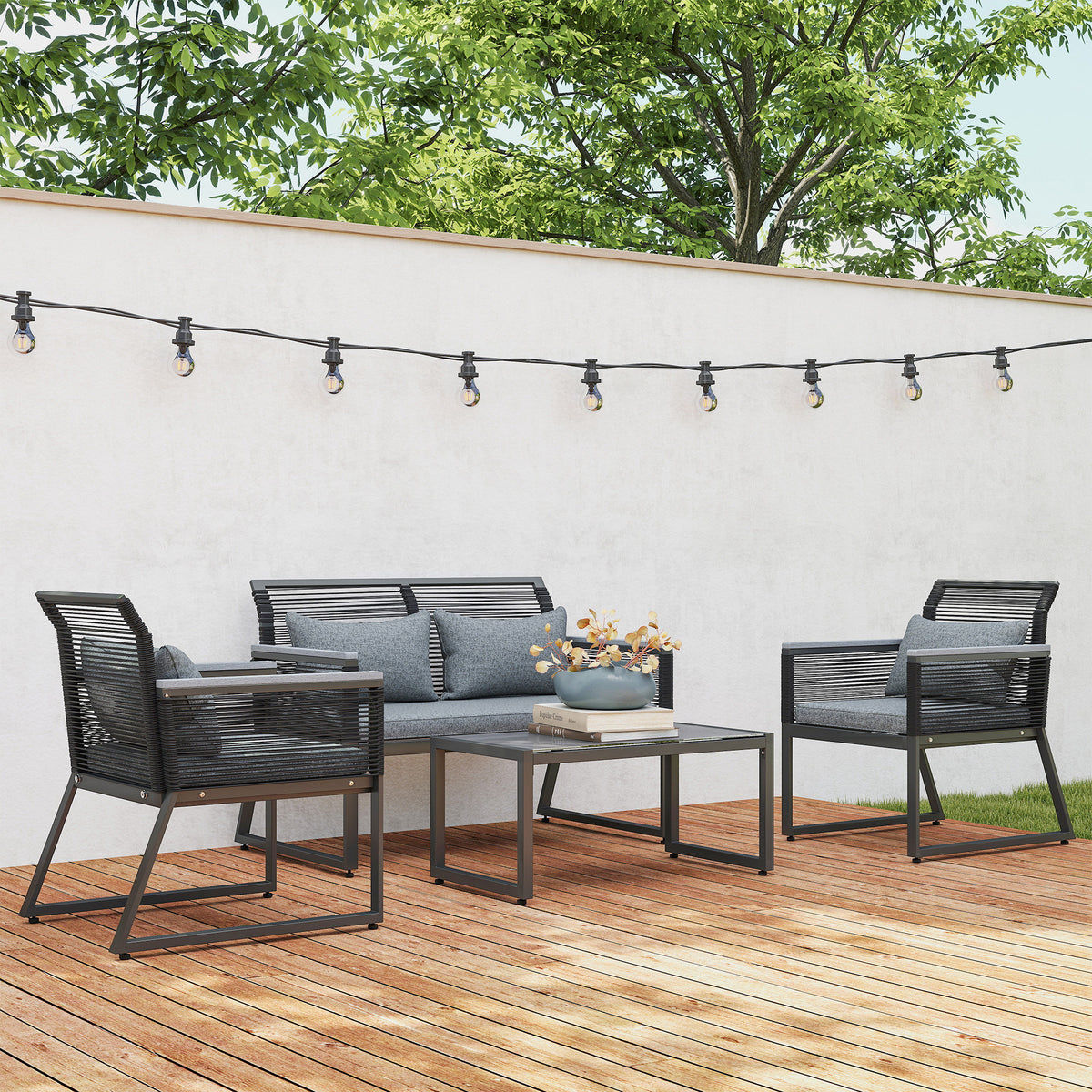 Outsunny 4 Pieces Rattan Garden Furniture Set - Charcoal Grey