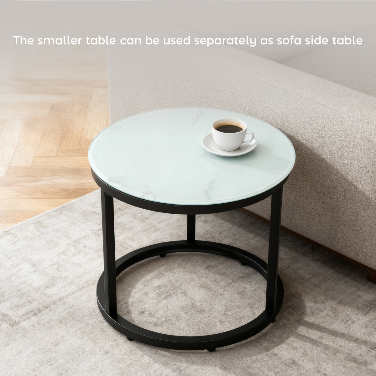 HOMCOM Glass Coffee Table Set of 2, Round Nest of Tables with Marble-Effect Tempered Glass Tabletop and Steel Frame, Modern Side Tables for Living Room, White