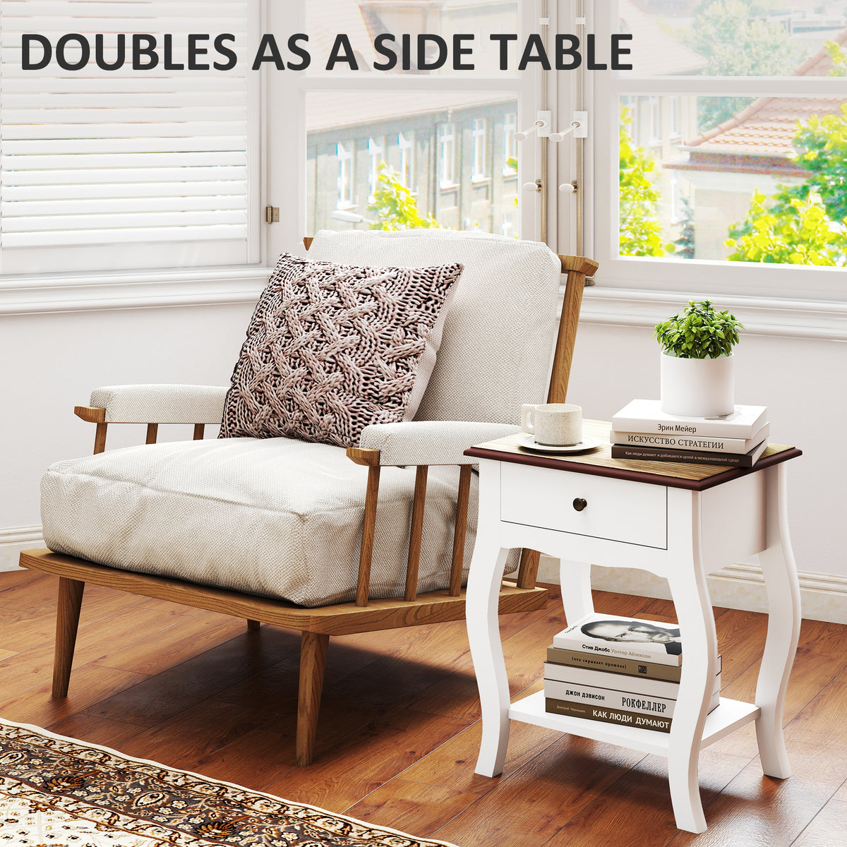 White bedside table used as a side table, with brown top, drawer and open shelf