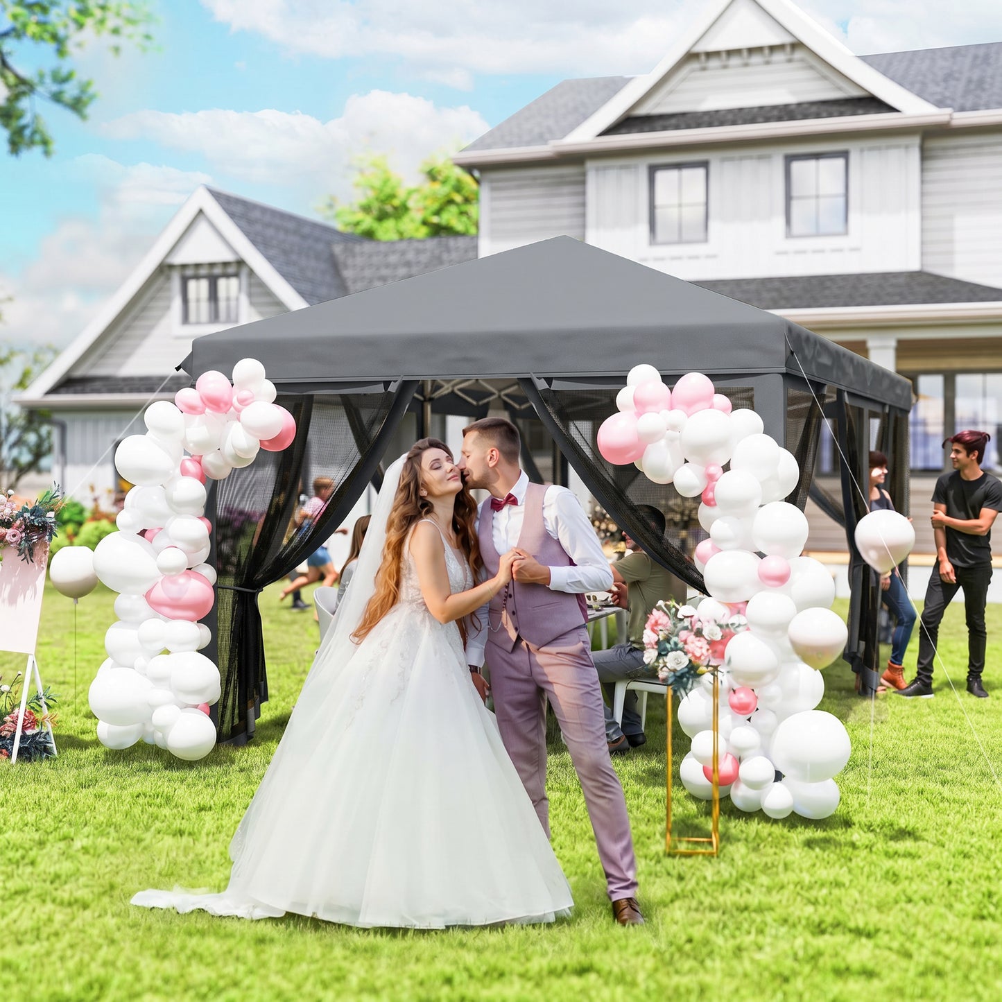 Outsunny 3 x 6m Pop Up Gazebo, Outdoor Canopy Shelter, Marquee Party Wedding Tent with 6 Mesh Walls and Carry Bag, Grey