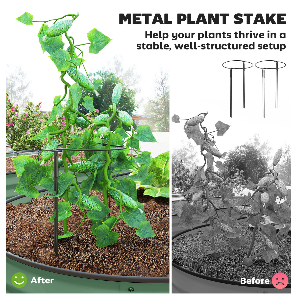 Green steel planter holding soil and a climbing plant supported by stakes