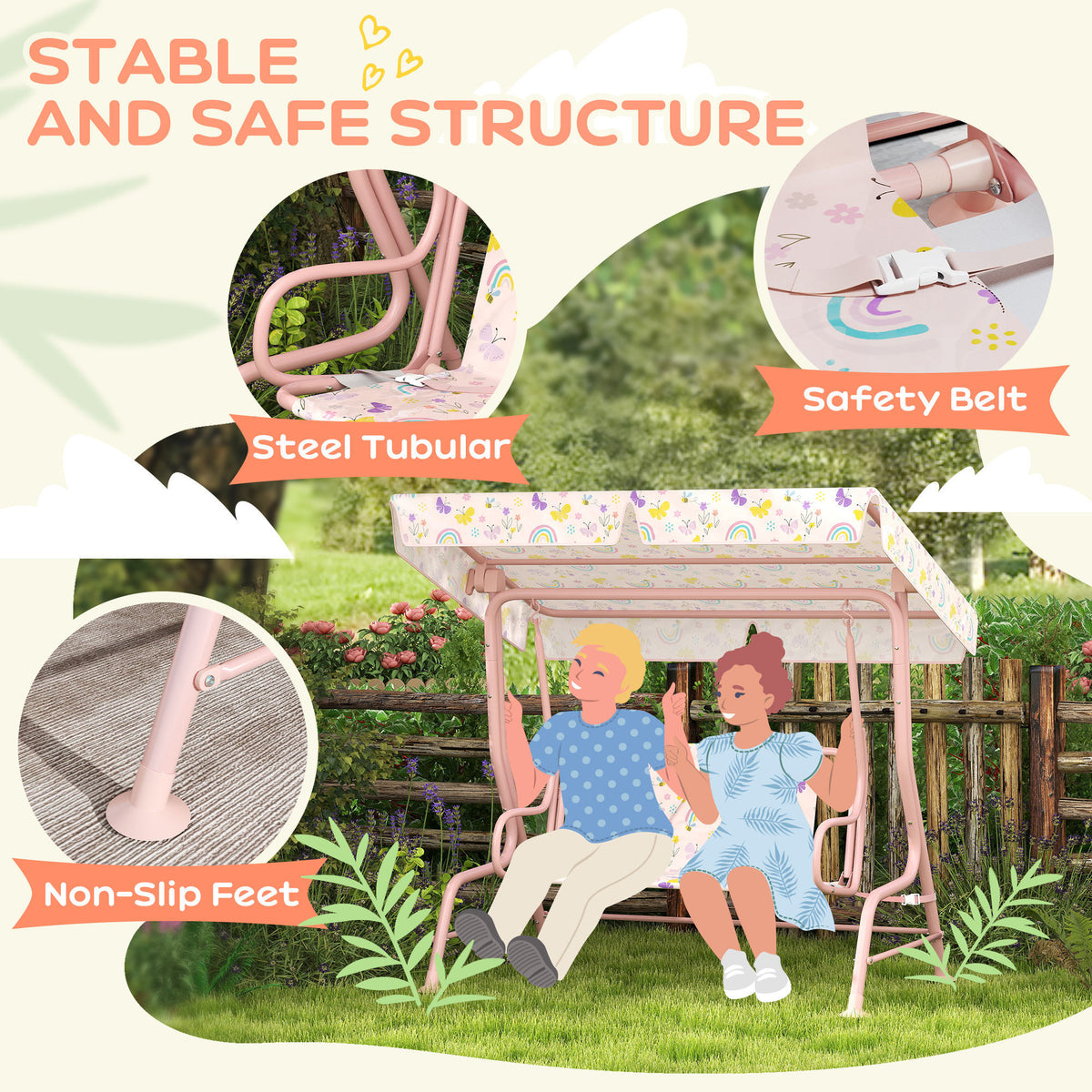 AIYAPLAY Kids Garden Swing Chair with Adjustable Canopy, Safety Belt, 2 Seater Hammock Swing Bench for Patio, Porch, Pink