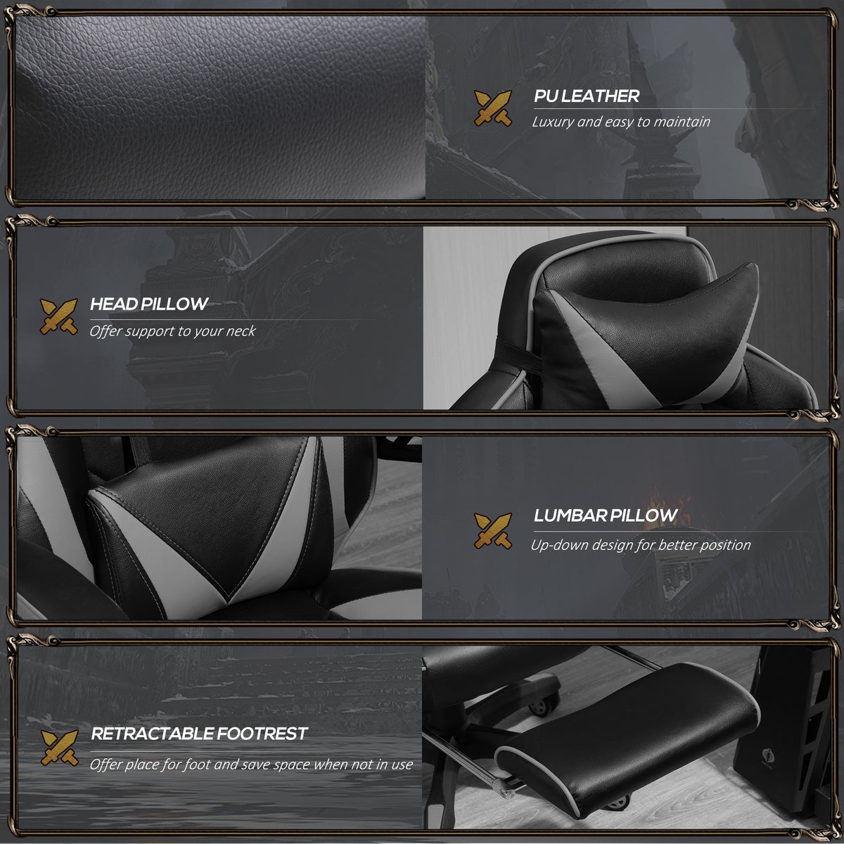 Vinsetto gaming chair details: PU leather, padded head and lumbar pillows, retractable footrest